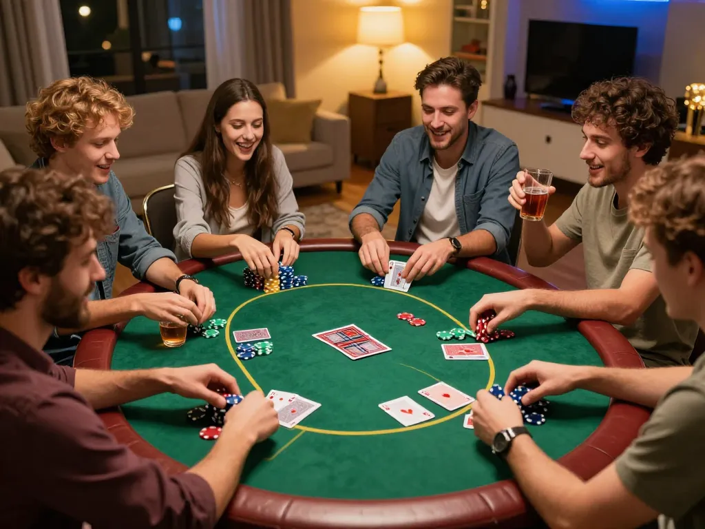 Friends enjoying a poker night at home with sunwin-themed gaming setup and vibrant atmosphere.