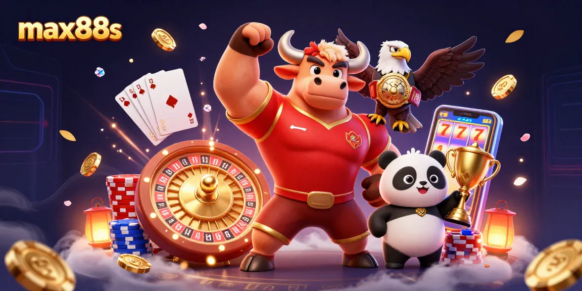 Engage in thrilling gameplay at max88s with cheerful characters winning in a vibrant casino scene.