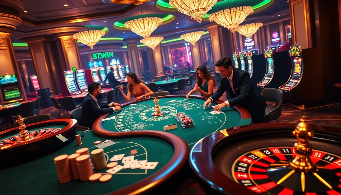 Players enjoying poker and celebrating wins at 78WIN casino tables in a luxurious setting.