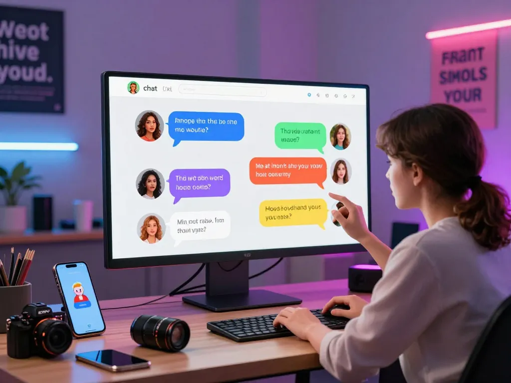 User engaging with spicy chat AI interface in a modern workspace, showcasing vibrant conversation bubbles and tech gadgets.