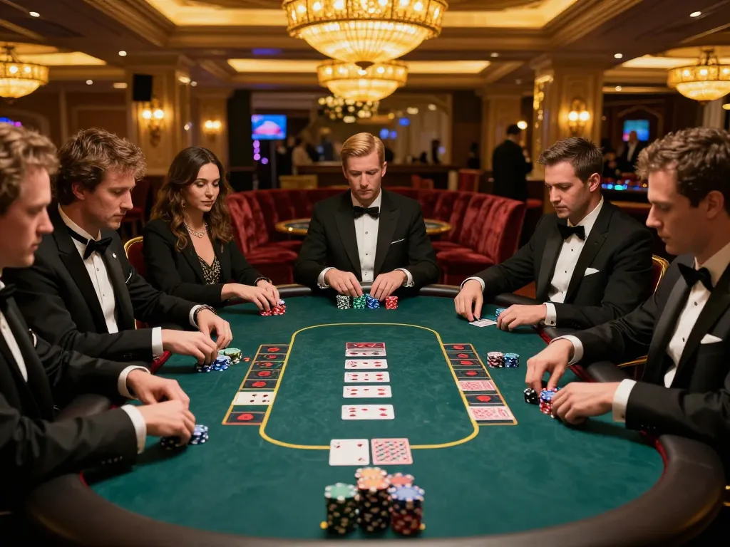 cm88 players strategizing during an intense poker game with high-stakes chips and cards
