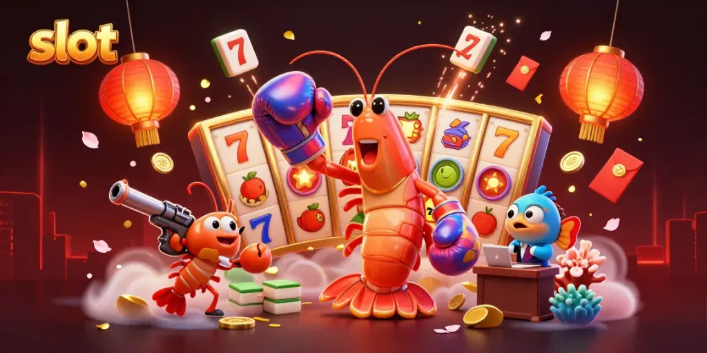 Engaging scene featuring slot elements with a mantis shrimp and friends celebrating big jackpots.