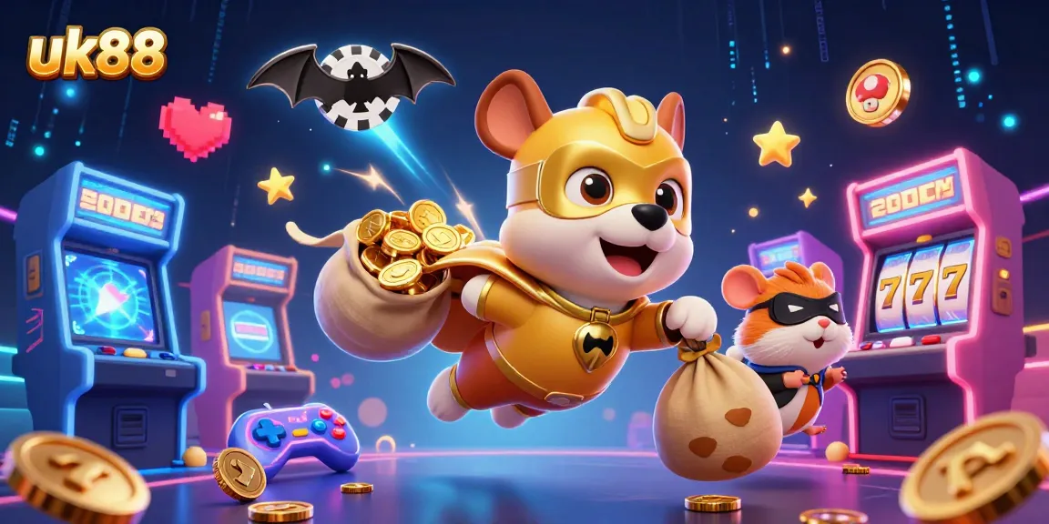 Experience thrilling gameplay at uk88 with colorful characters amidst glowing casino elements.
