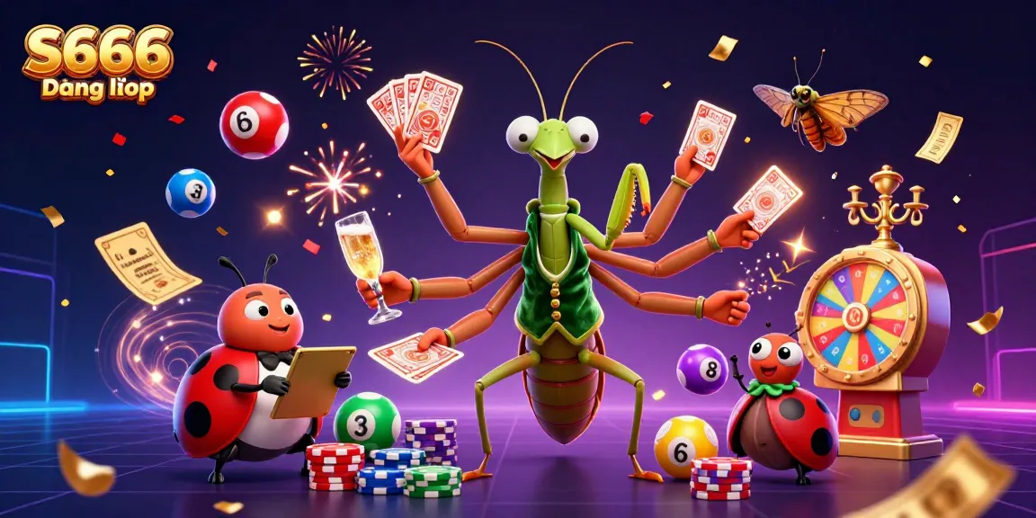 S666 Đăng nhập brings you a lively casino scene with a giant mantis and ladybug, celebrating with vibrant gaming elements.