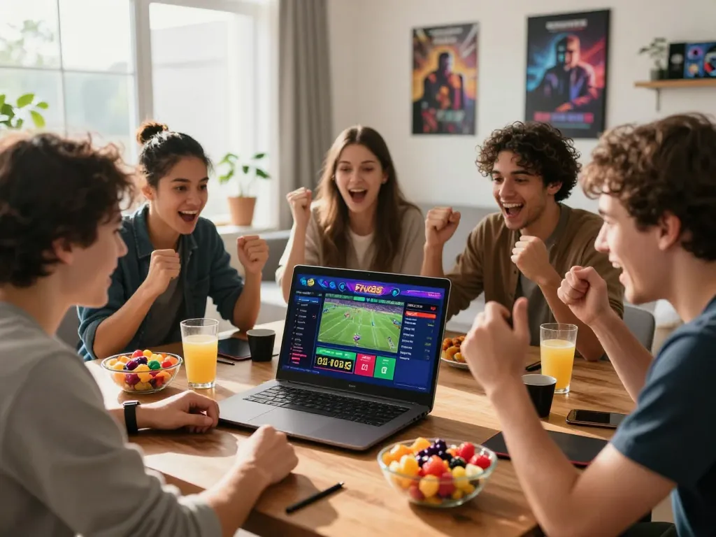 Friends enjoying the thrill of Five88 uy tín online betting in a lively living room.