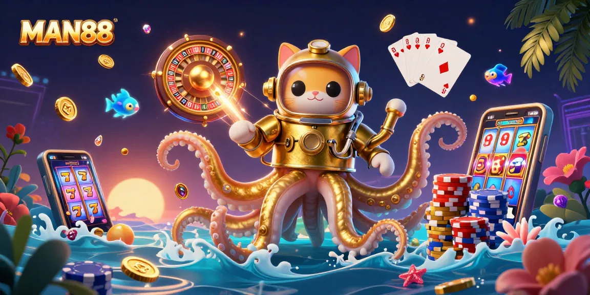 Experience thrilling gameplay with MAN88 as the kraken guards treasure in this vibrant casino scene.