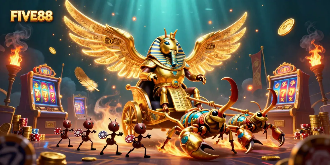 Experience the thrill of FIVE88 with a dynamic illustration featuring a golden scarab chariot and slot machines.