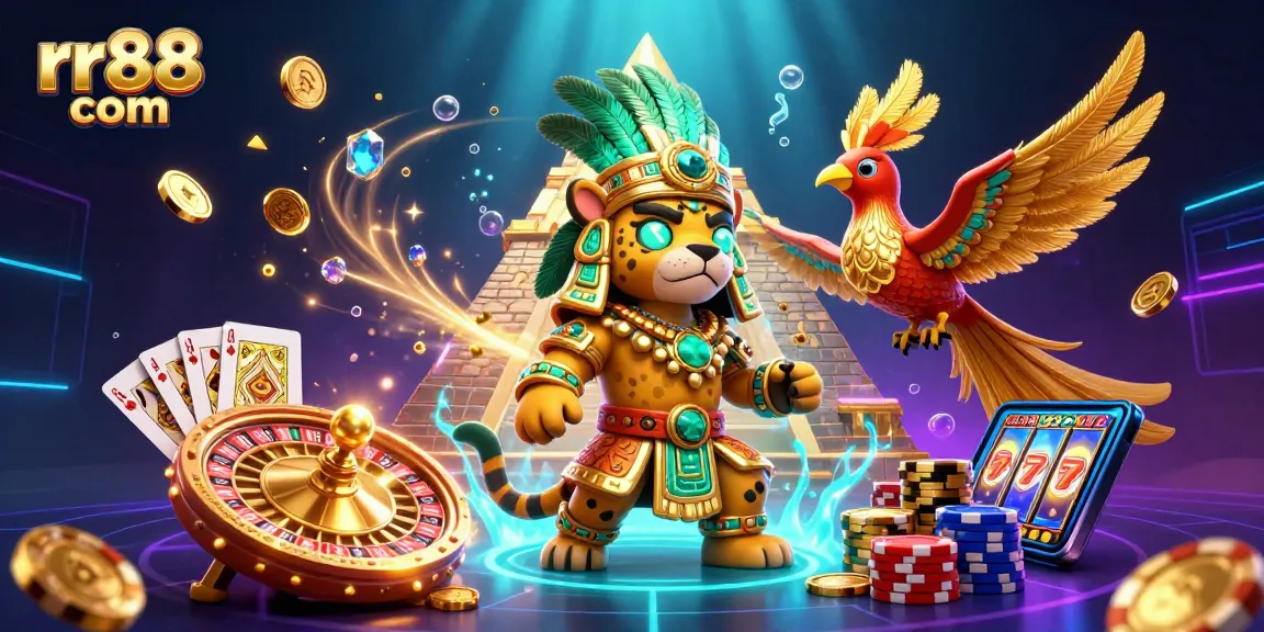 Experience immersive gaming action at rr88 com with vibrant 3D casino characters, games, and golden treasures.