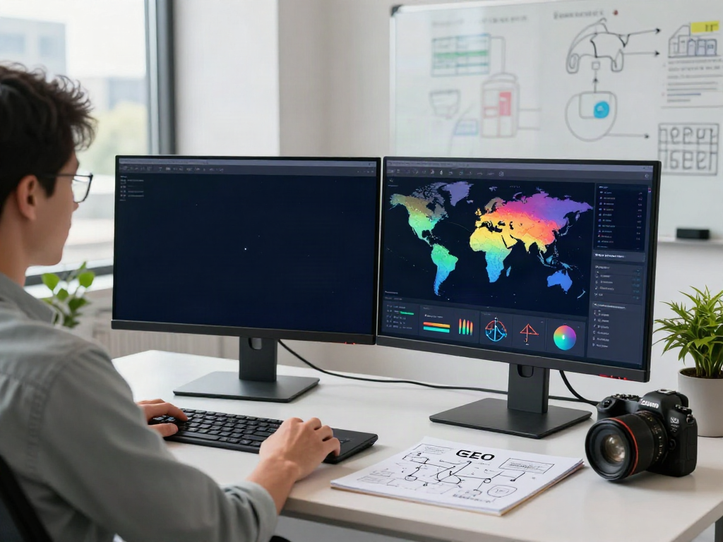 GEO tracking tool software development workspace with dual monitors and tracking data.