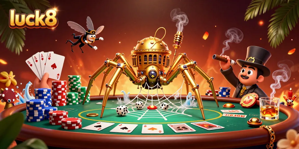 Luck8 captivates gamers with dice and poker chips in this vibrant casino scene.