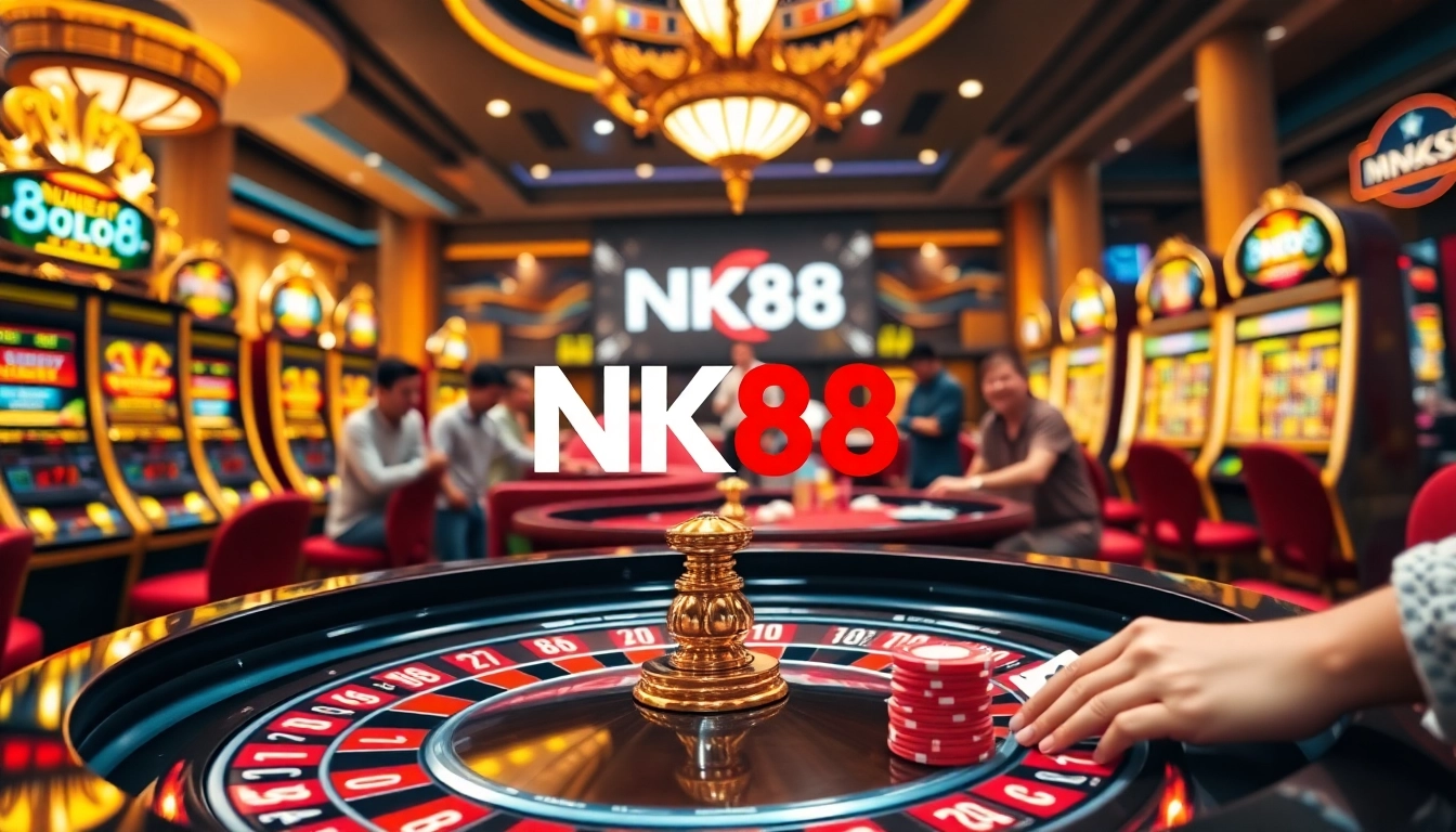 Engaging scene of gamblers at a luxurious casino table, featuring NK88 elements.