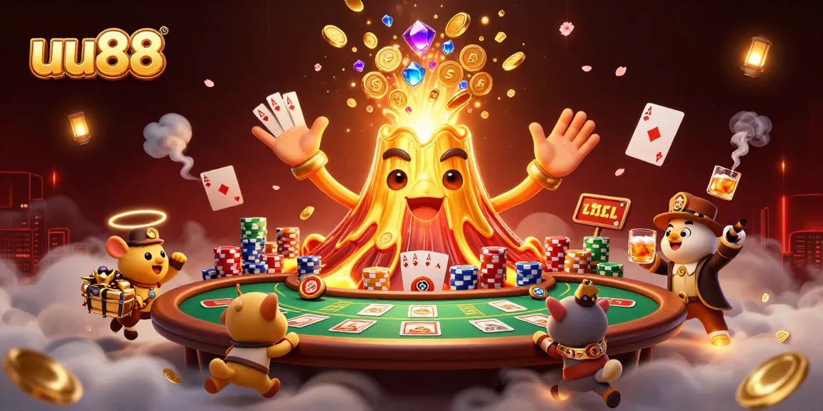uu88 engages players with a golden volcano erupting treasure in a dynamic casino scene.