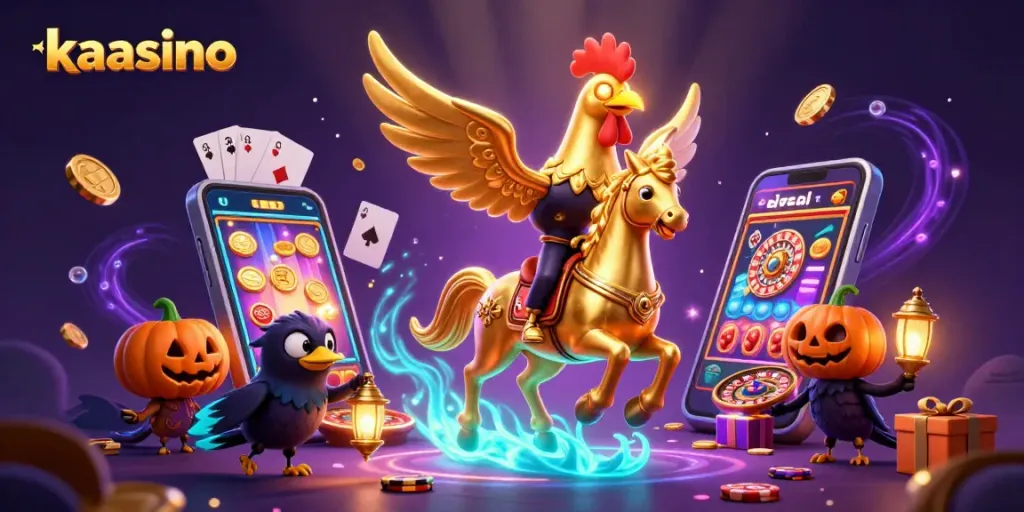 Kaasino features a golden rooster horseman in a magical casino filled with winning game elements and captivating details.