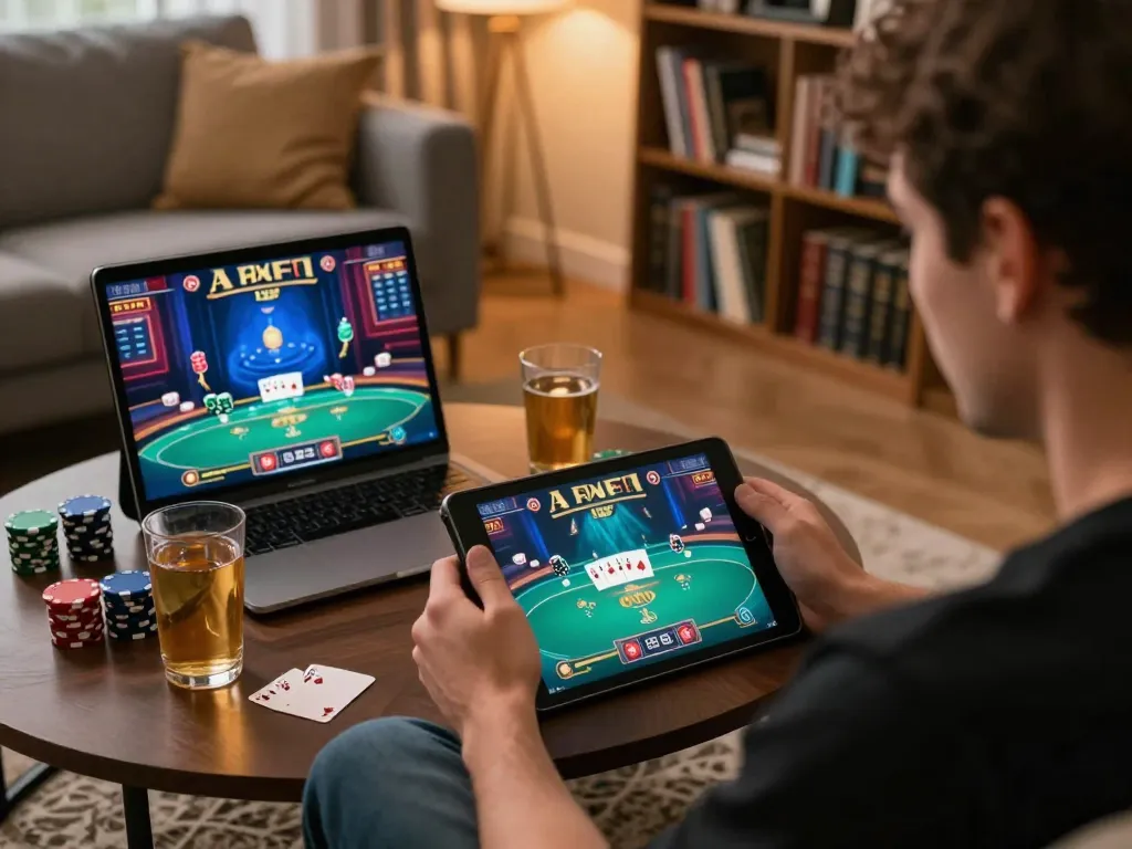 Engaging online poker gameplay with DA88 tablet interface in a cozy home setting, highlighting strategic gambling.