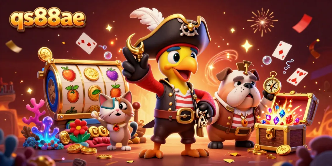 Engage in thrilling play at qs88ae featuring a vibrant 3D pirate scene with slot reels and treasure bursts.