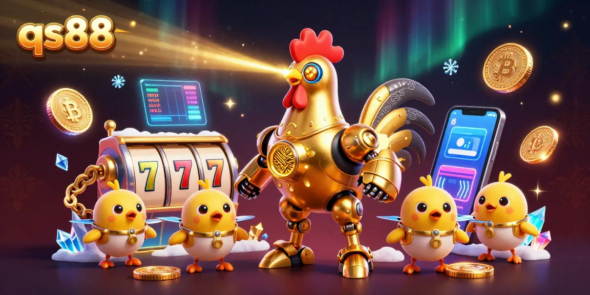 Engage with qs88's thrilling slots featuring a golden rooster robot amidst vibrant crypto elements.