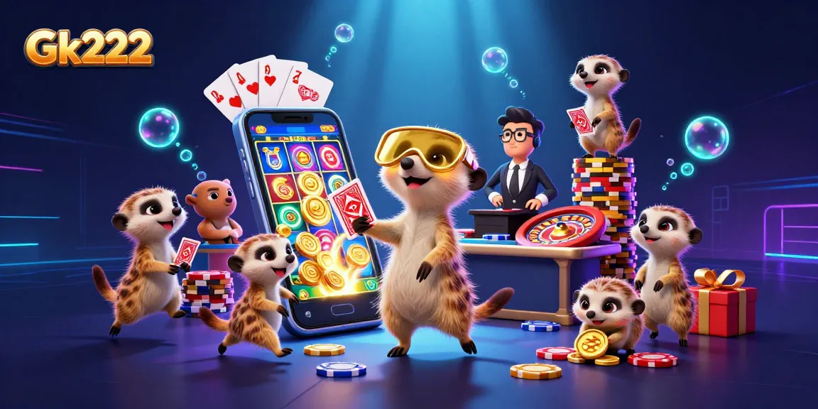 Experience Gk222's immersive casino atmosphere with animated meerkats managing games and fun.