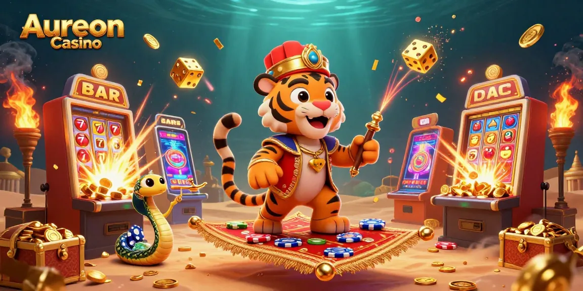 Aureon Casino's vibrant illustrated scene showcases gaming excitement with characters and flying slot machines.