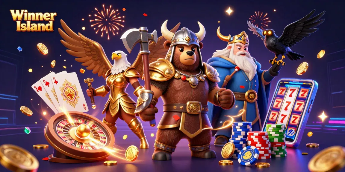 Experience the excitement of Winner Island with Viking characters surrounded by casino elements and festive effects.