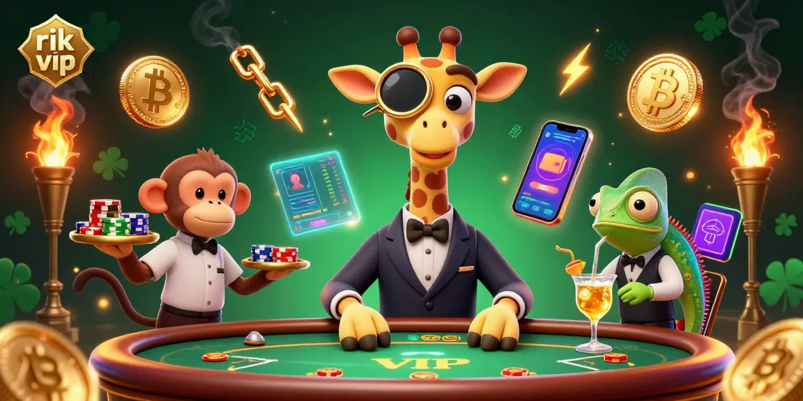 Join the action at rik vip as a high-roller giraffe enjoys poker with vibrant crypto elements.