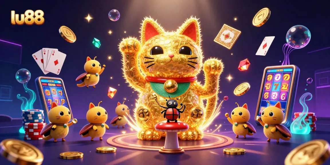 lu88's vibrant casino scene showcases a lucky cat, fireflies, and dynamic gaming elements.