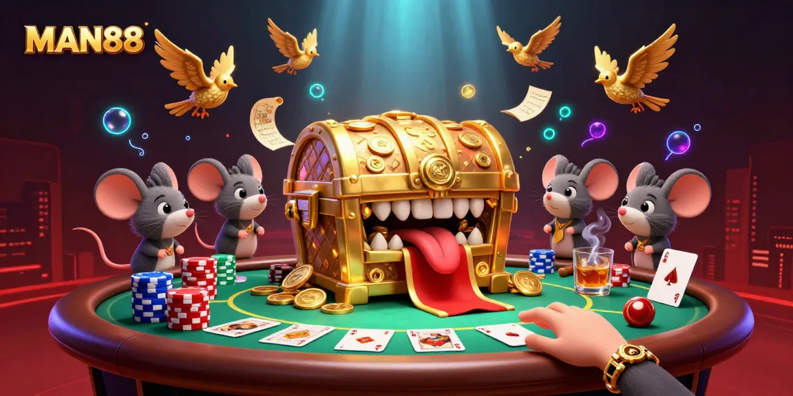 MAN88 brings excitement with a golden treasure chest luring adventurer mice in a vibrant casino scene.