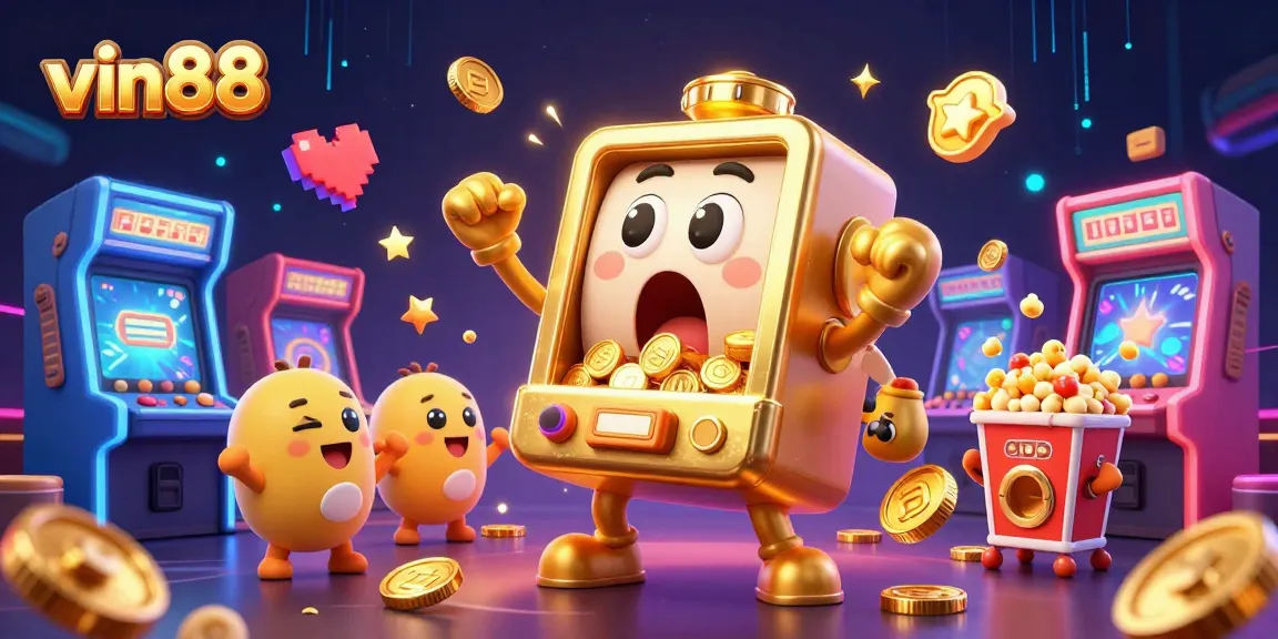 Winning at vin88 with a golden slot machine celebrating a jackpot as coins fly around!