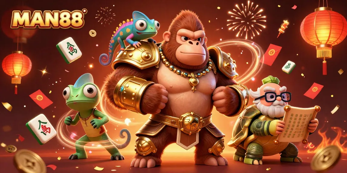 Engage with MAN88's thrilling online gambling experience featuring a dynamic 3D casino illustration.